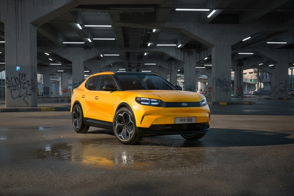 Vue latérale d’une Ford Capri bleue. La cote de sécurité Euro NCAP 5 étoiles 2024 est affichée dans le coin supérieur droit.