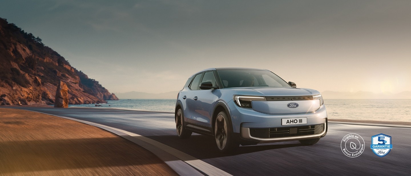 All-electric Ford Explorer on a sea road 