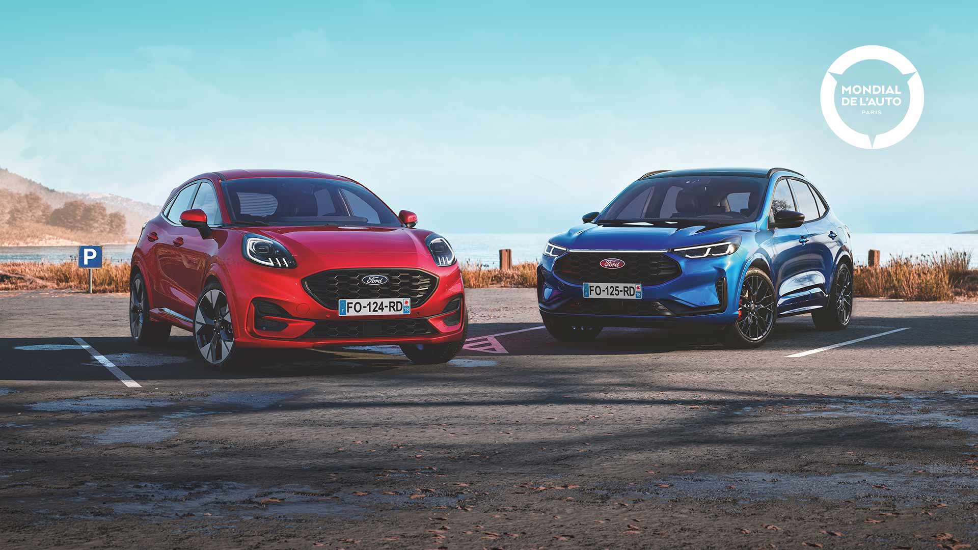 Gamme hybride Ford stationné sur un parking 