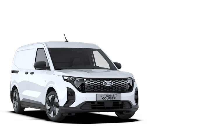 Fourgonnette Ford E-Transit Courier blanche, vue de face