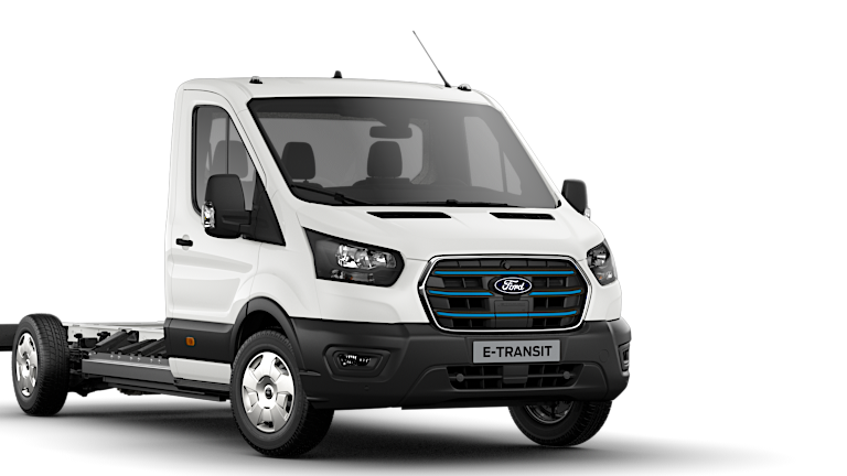 Châssis cabine Ford E-Transit blanc, vue de face