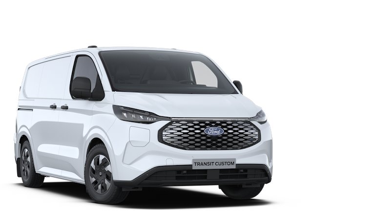 Fourgon Ford E-Transit Custom blanc, vue de face