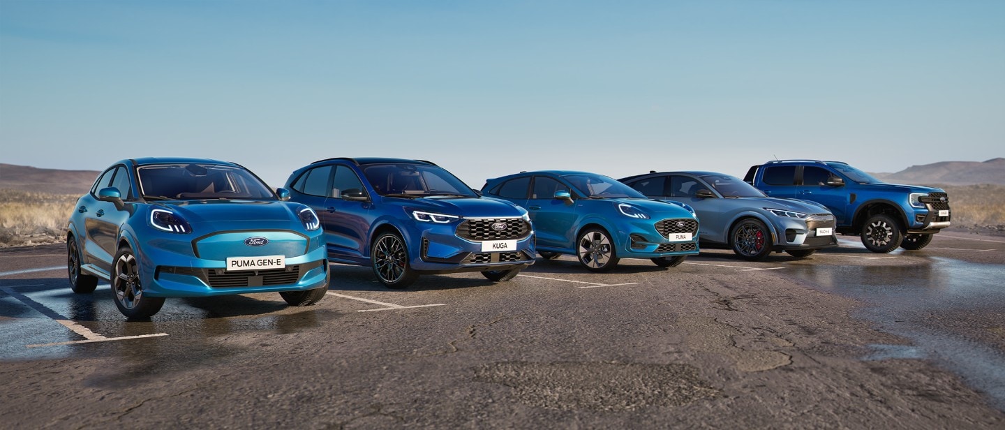 Gamme de véhicules équipés de la technologie de conduite mains libres Ford BlueCruise, dont les modèles Puma Gen-E, Kuga, Puma, Mustang Mach-E et Ranger.