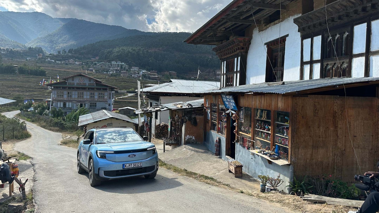 The electric Ford Explorer against a magical Bhutan backdrop - a picture-perfect moment!