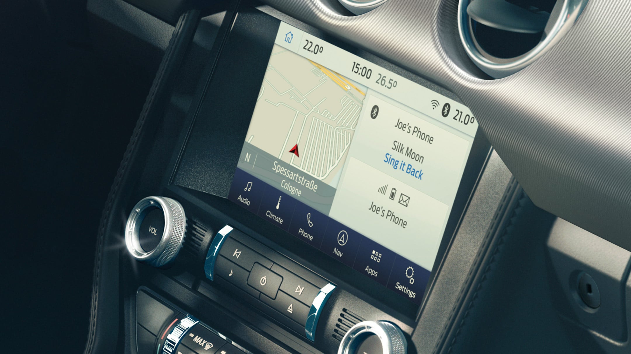 Gros plan sur l’écran SYNC 3 de la Ford Mustang. 