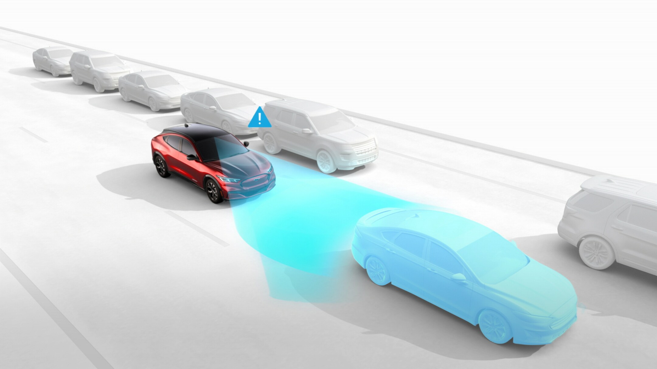La Nouvelle Ford Mustang Mach-E repérant un véhicule devant elle puis le contournant grâce à l'aide à l'évitement d'urgence.