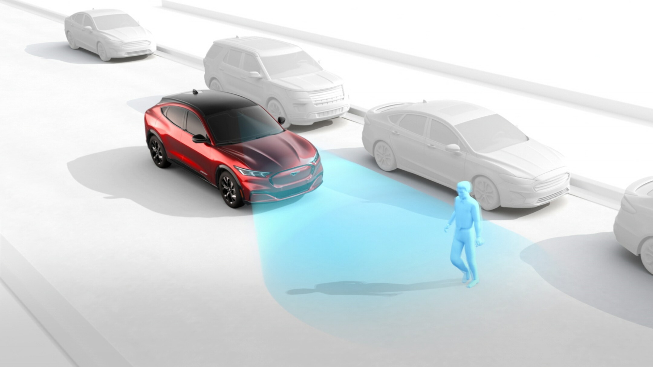 La Nouvelle Ford Mustang Mach-E détectant un piéton grâce au système de prévention de collision.