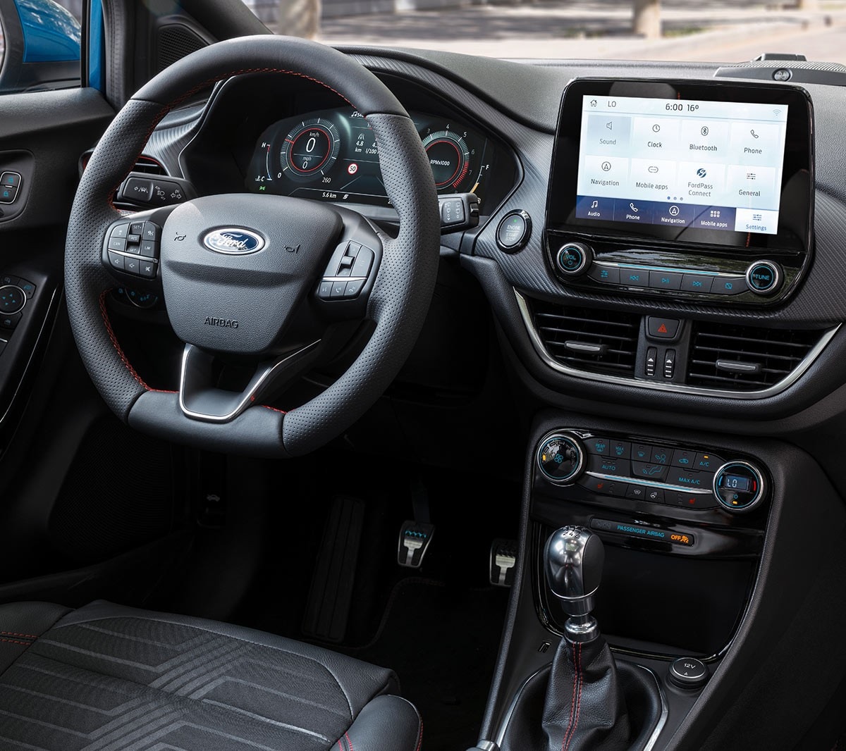 Ford Puma interior showing leather steering wheel