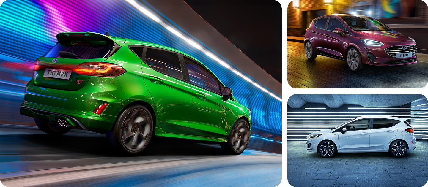 Carrousel de photo montrant une Ford Fiesta ST line verte, une fiesta Active blanc glacier et une Fiesta Titanium rouge