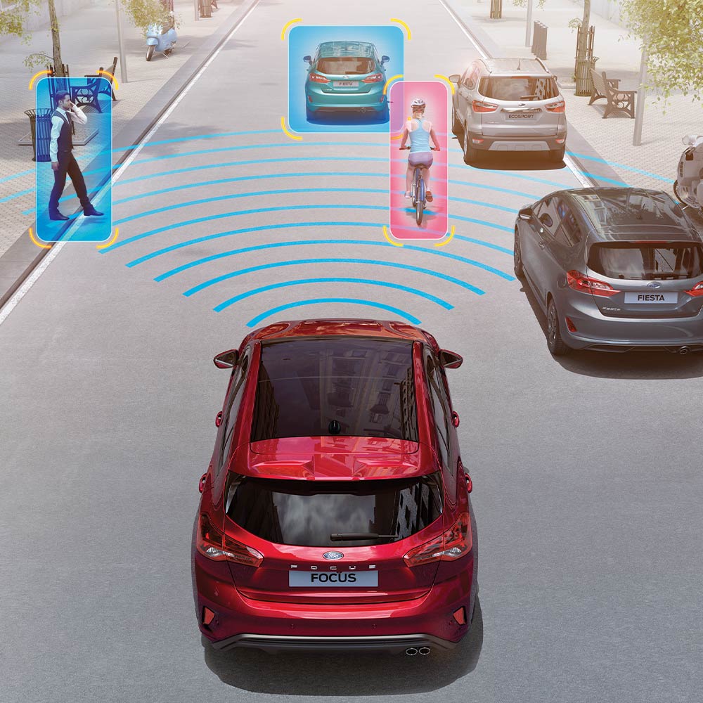 Illustration d'une Ford Focus rouge avec des graphiques décrivant ses systèmes de sécurité et d'aide à la conduite, notamment l'assistance précollision.