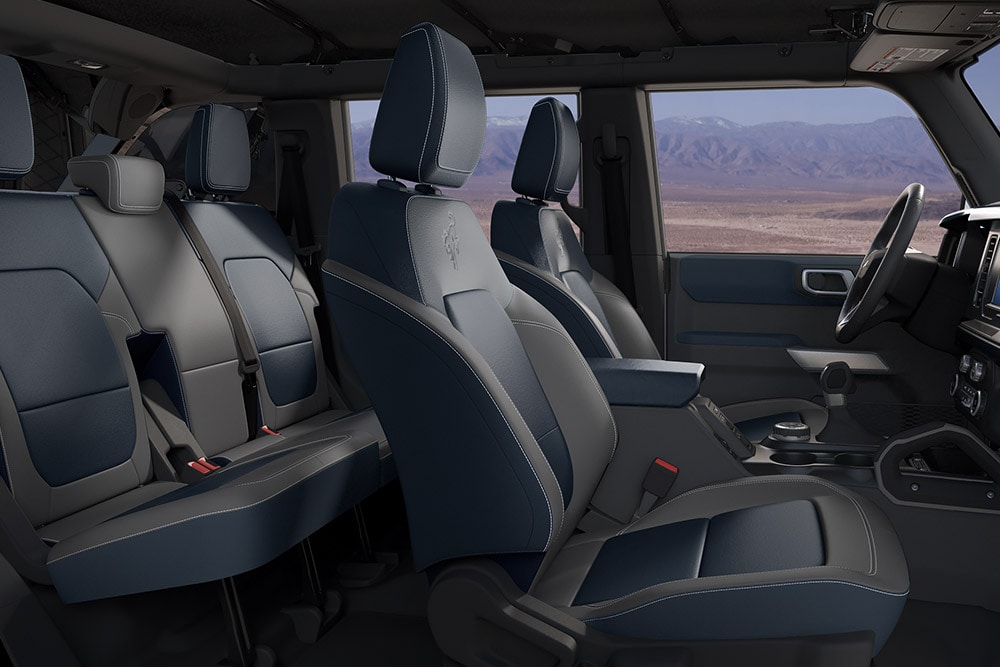 View of the interior of the new Ford Bronco's leather-trimmed power-heated seats.