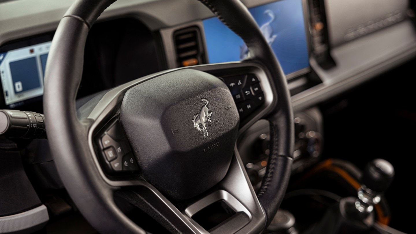 Ford Bronco heated leather steering wheel close-up