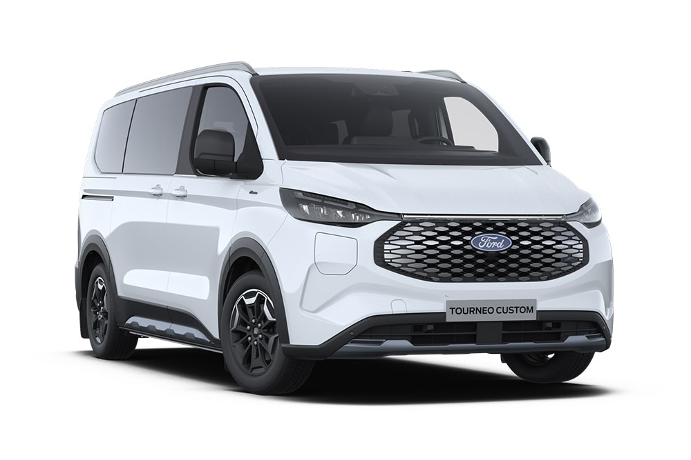 Angle avant gauche d’un Ford E-Tourneo Custom Active blanc.