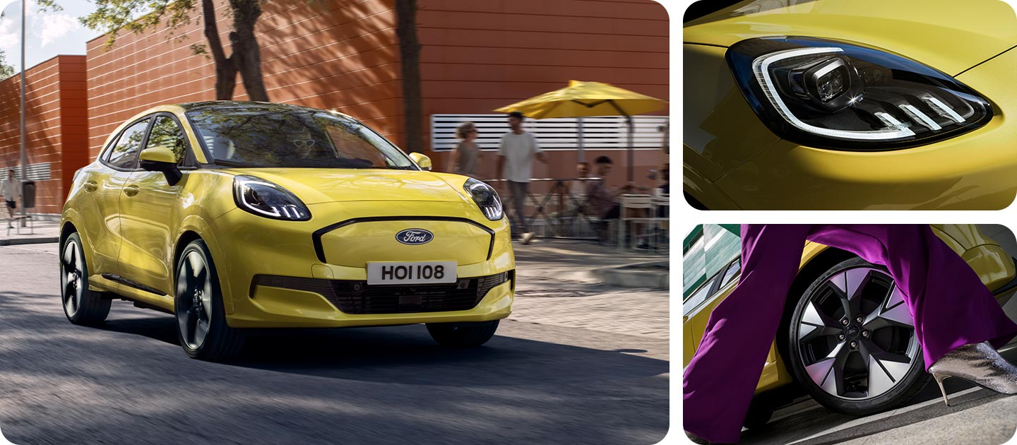 Montage photo montrant la Ford Puma Gen-E® jaune, avec un gros plan sur les feux avant et les jantes en alliage élégantes.