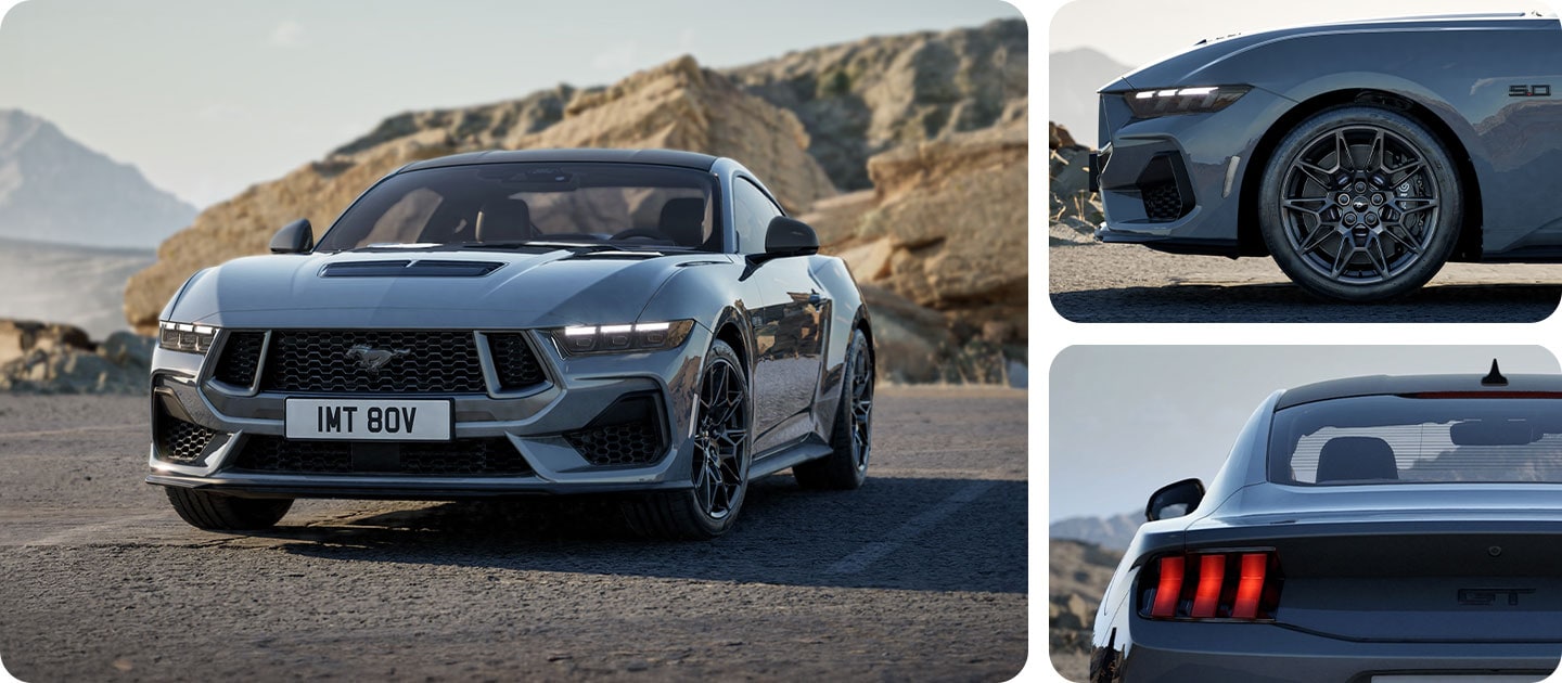 Trois photos en grille montrant une Ford Mustang GT Nite Pony Coupé grise sur une route de montagne