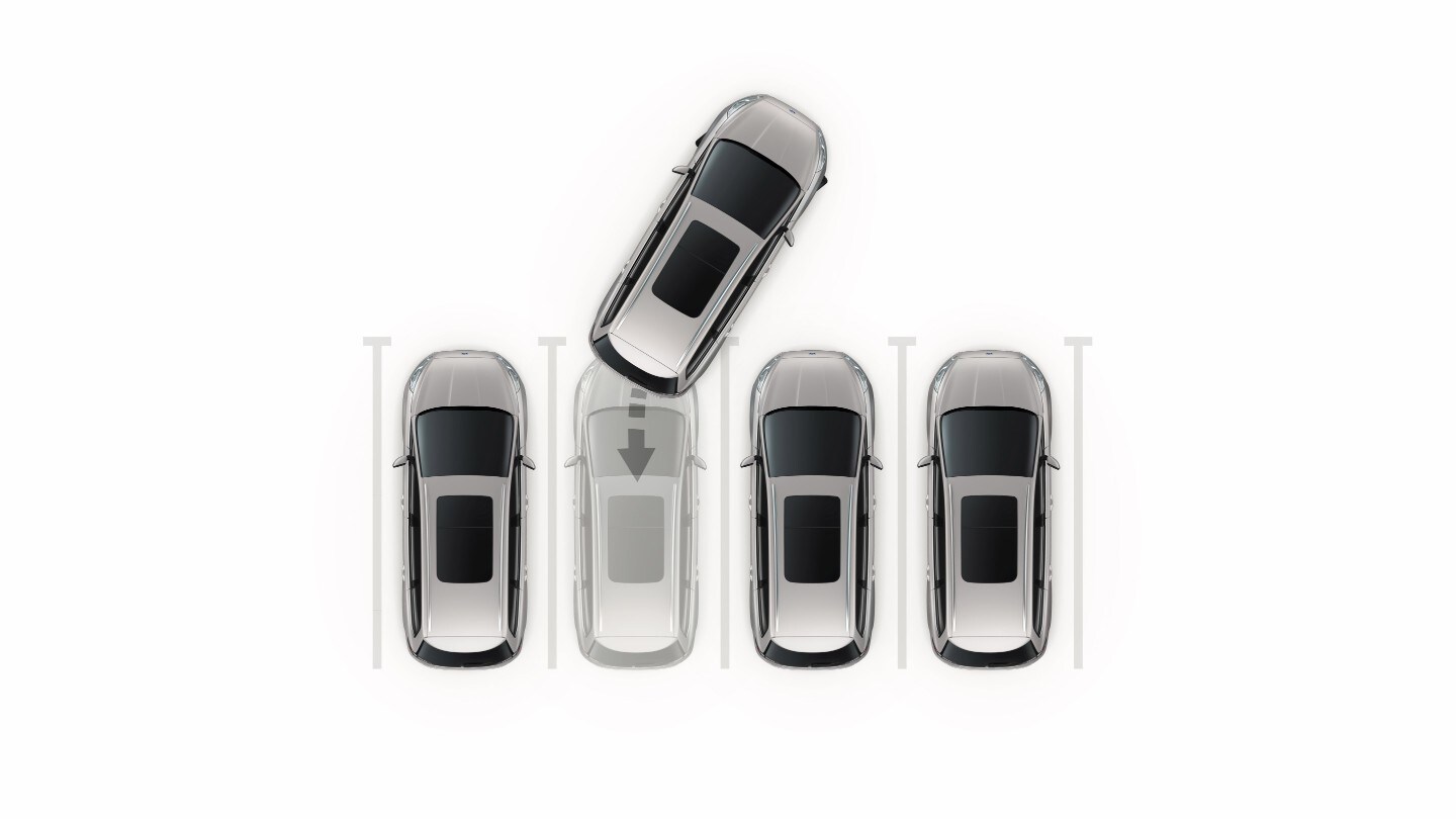 Active Park Assist system showing reversing car in a parking place amongst other cars