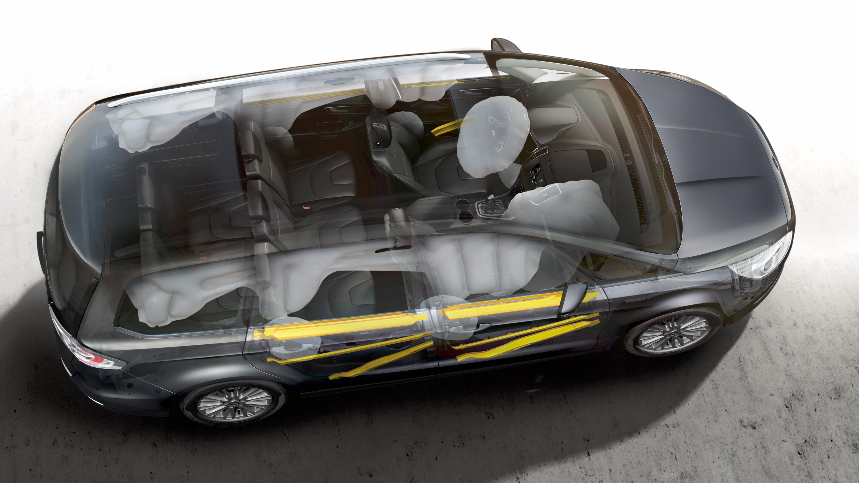 Ford Galaxy interior bird's perspective showing the airbags