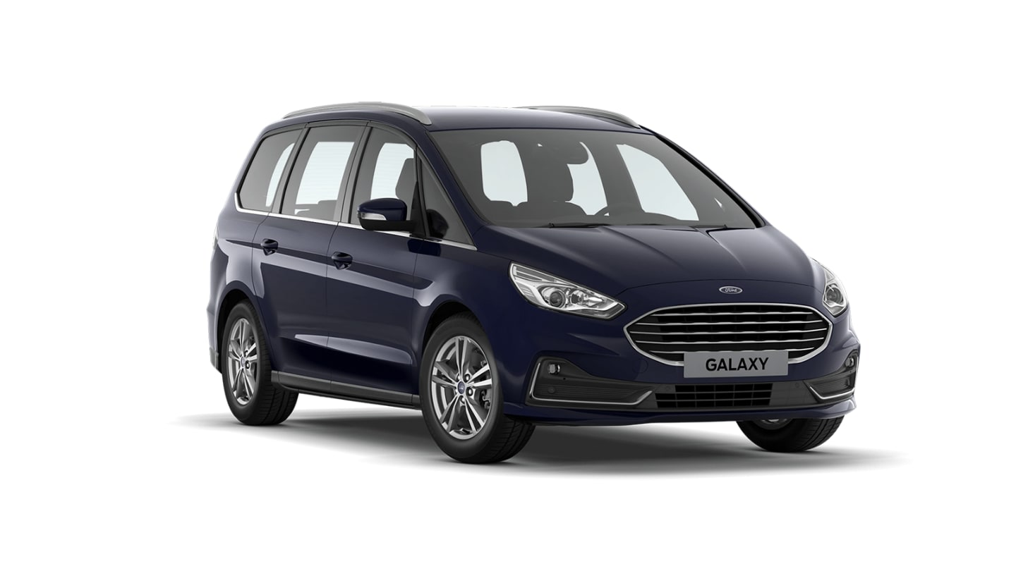 Blue Ford galaxy Titanium from 3/4 front view