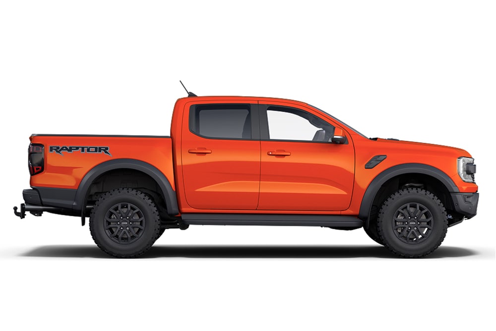 Ford Ranger Raptor 4x4 orange, de la gamme de voitures sportives Ford Performance.