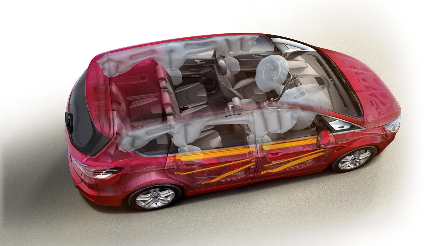 Red Ford S-MAX from bird's perspective showing the interior