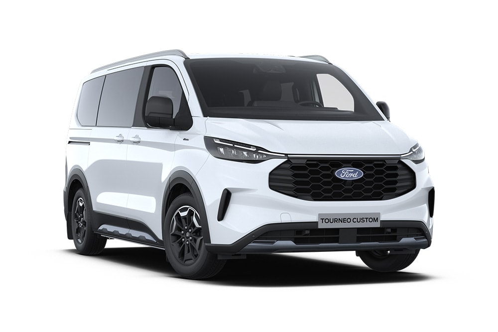 Angle avant gauche d'un Ford Tourneo Custom Active blanc.