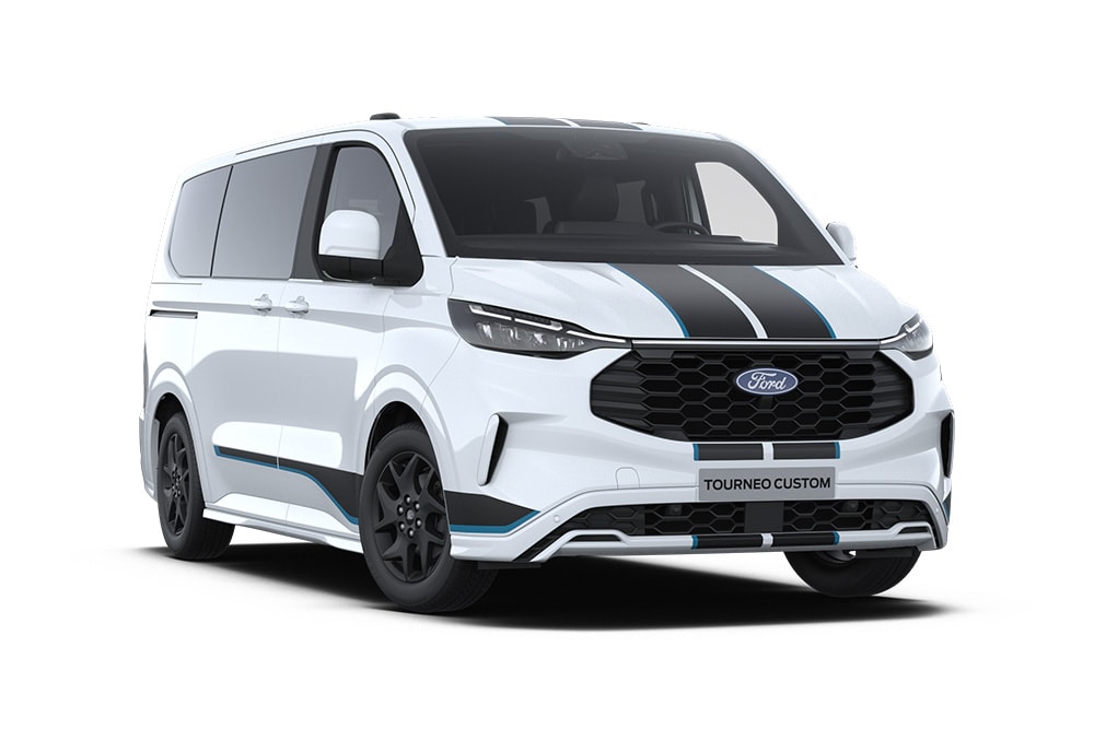 Angle avant gauche d'un Ford Tourneo Custom Sport blanc.