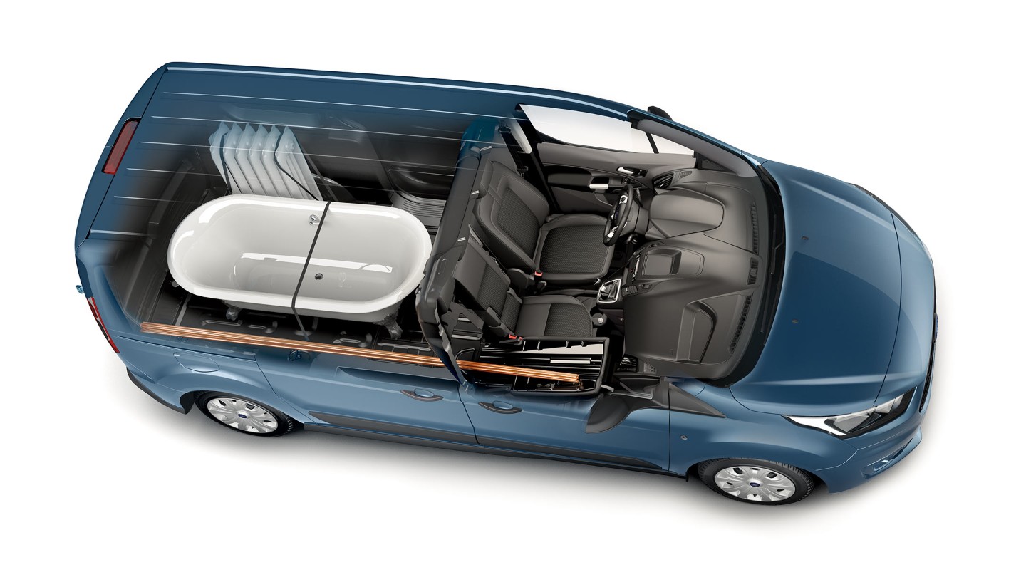 Vue arrière du Ford Transit Connect avec ses portes ouvertes. 