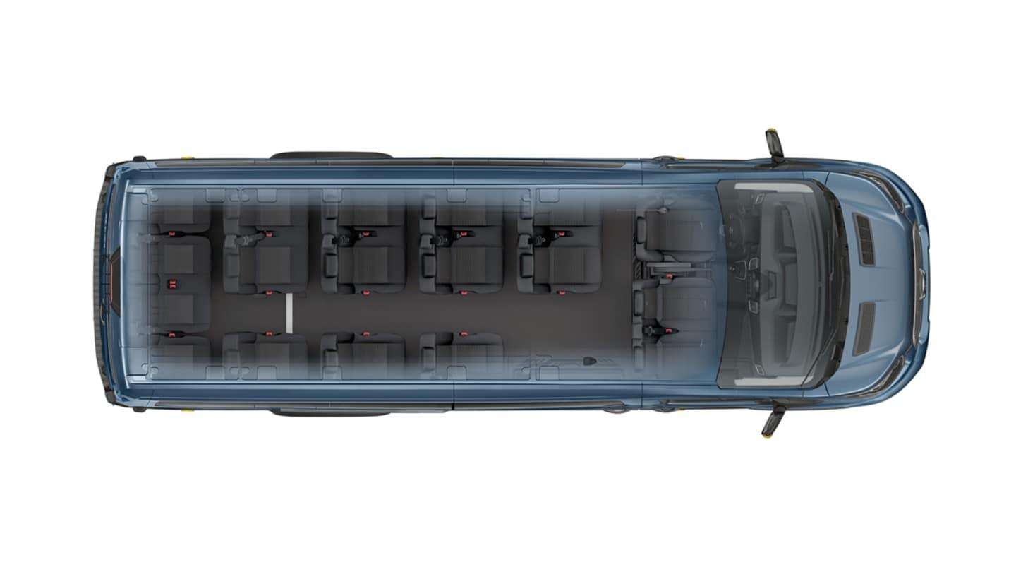 Vue aérienne du Ford Transit Minicar avec vue intérieure sur les sièges