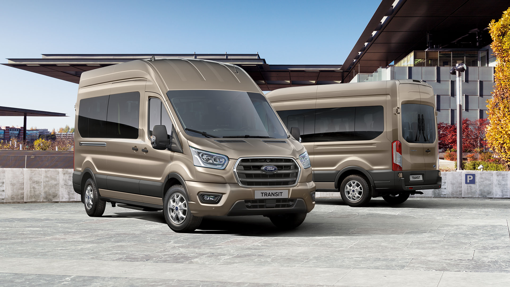 Deux Ford Transit Minicar Gris Millenium garés l’un à côté de l’autre 