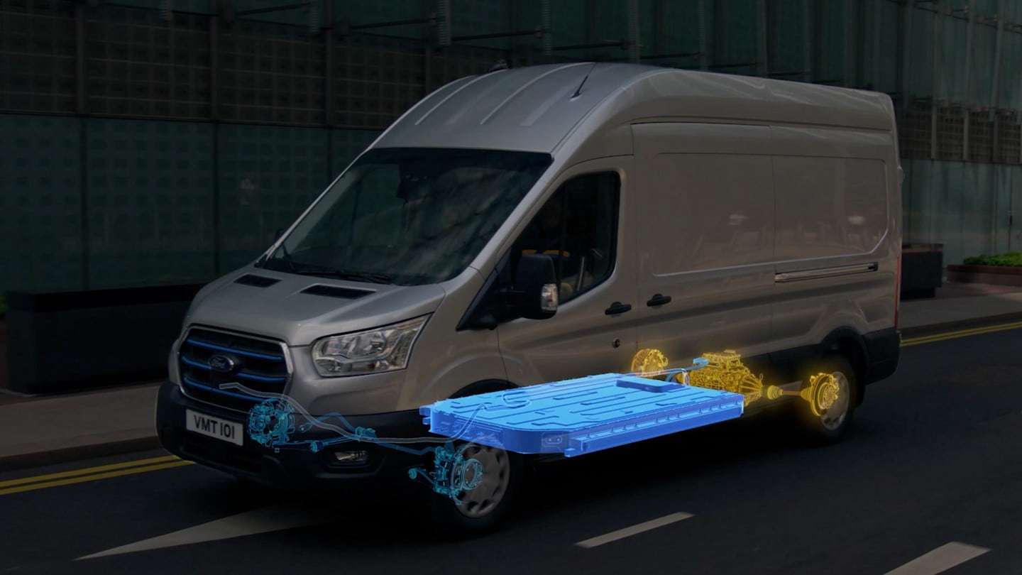 E-Transit exterior view graphic of rear-wheel motor