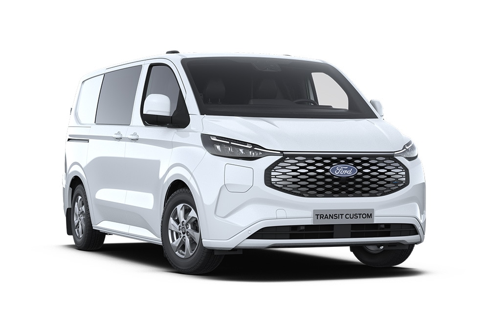 Fourgon électrique Ford E-Transit Custom Multi-Cab blanc en vue avant inclinée.