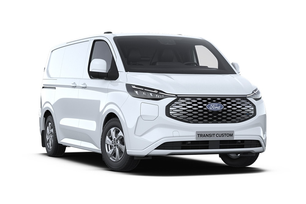 Fourgon électrique Ford E-Transit Custom blanc, vu de devant.