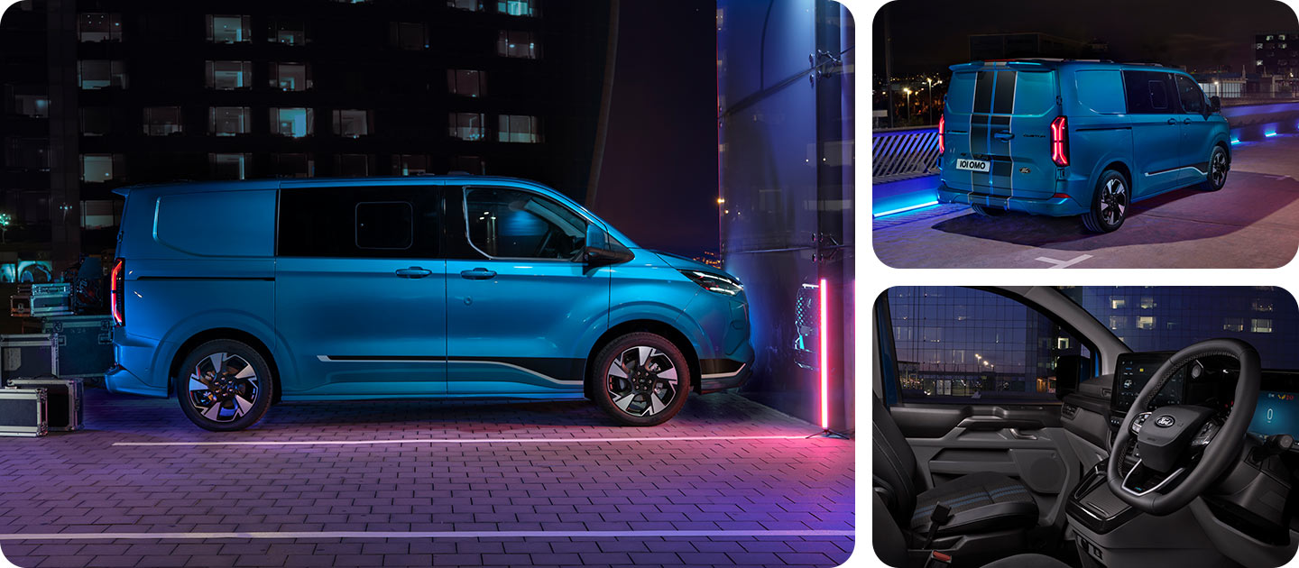 Fourgon électrique Ford E-Transit Custom double cabine bleu, vue latérale de nuit.