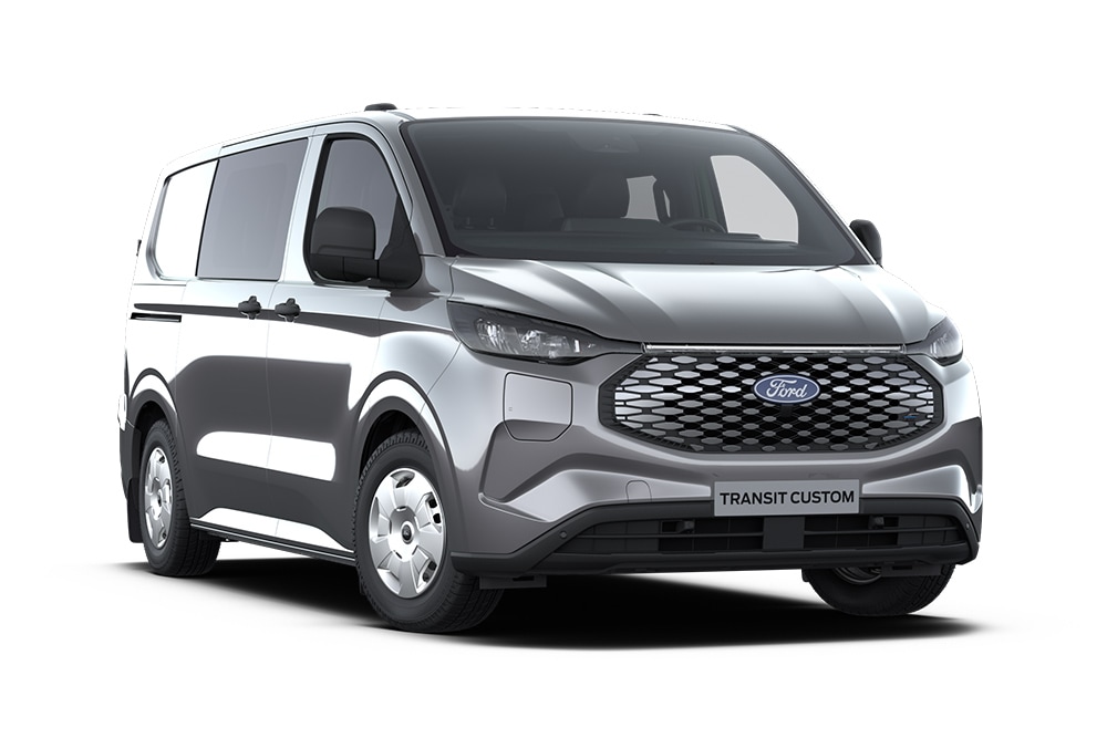 Fourgon Ford E-Transit Custom Trend double cabine gris anthracite vu de face.