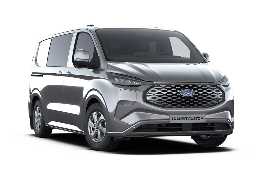 Fourgon Ford E-Transit Custom Limited double cabine gris anthracite vu de face.