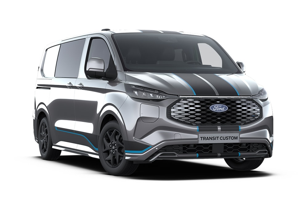 Fourgon Ford E-Transit Custom Sport double cabine gris anthracite vu de face.