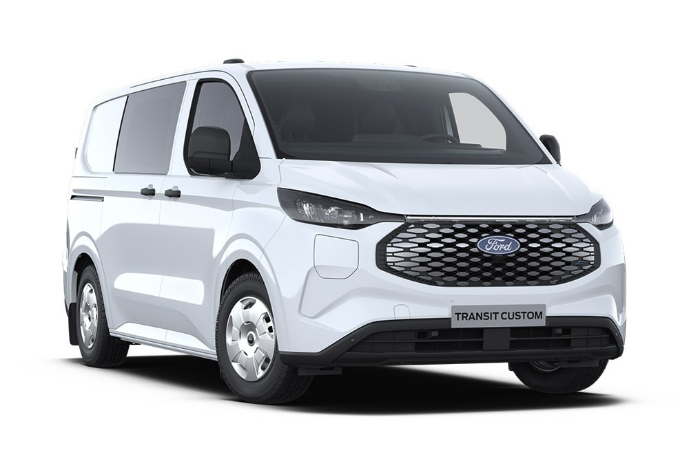 Fourgon électrique Ford E-Transit Custom Multi-Cab blanc en vue avant inclinée.