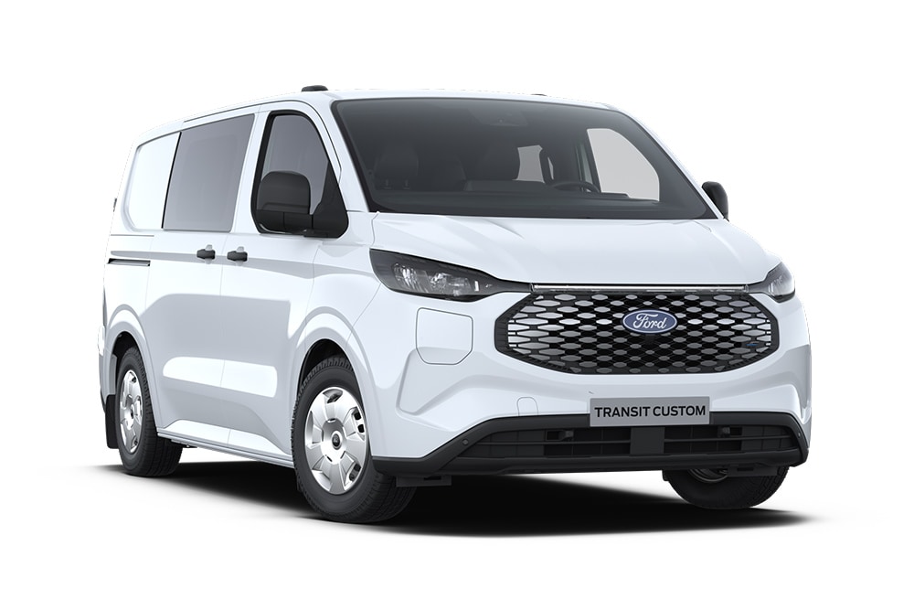 Fourgon électrique Ford E-Transit Custom double cabine blanc en vue avant inclinée.