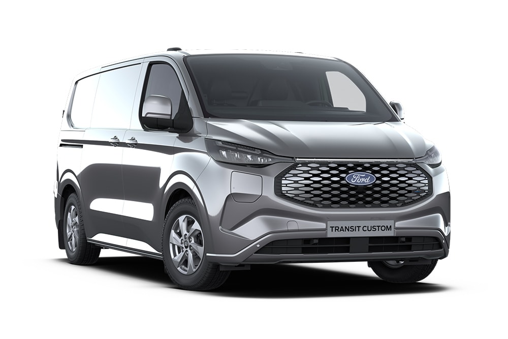 Fourgon Ford E-Transit Custom Limited gris anthracite vu de face.