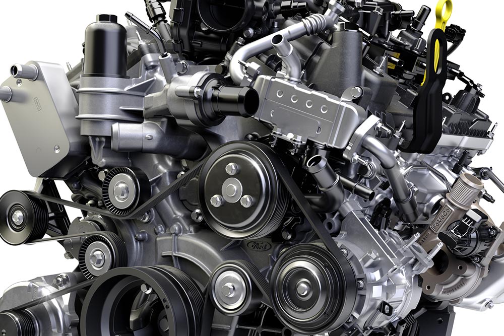 Gros plan sur le moteur V6 EcoBoost de 3,0 L du Ford Ranger Raptor.