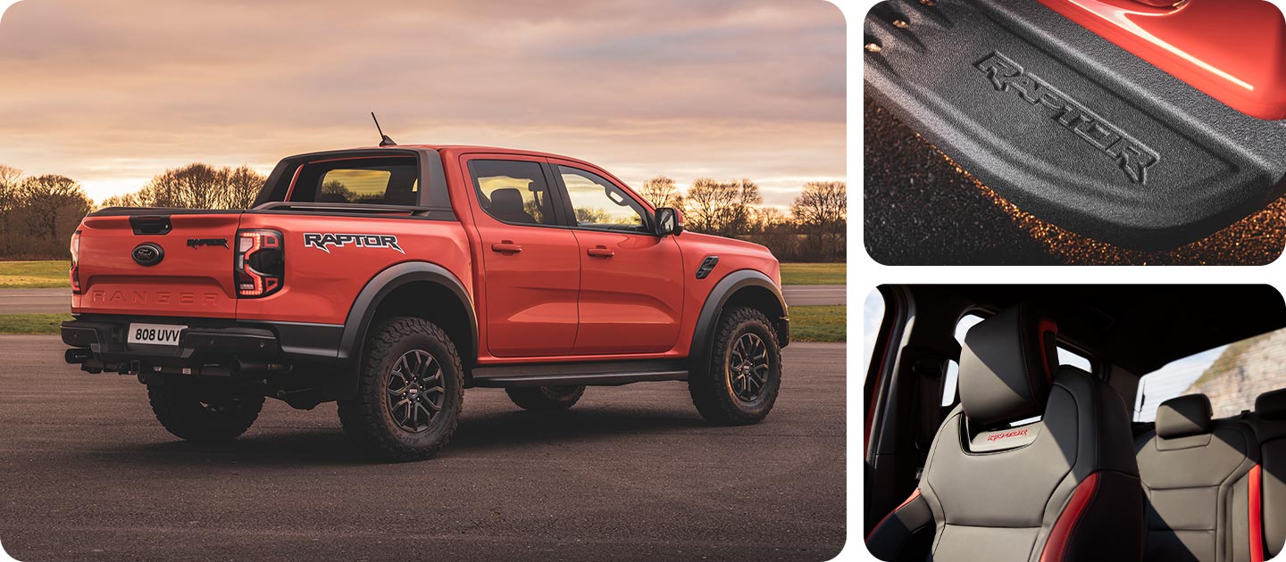 Vue arrière d’un Ford Ranger Raptor Code Orange garé sur une piste.