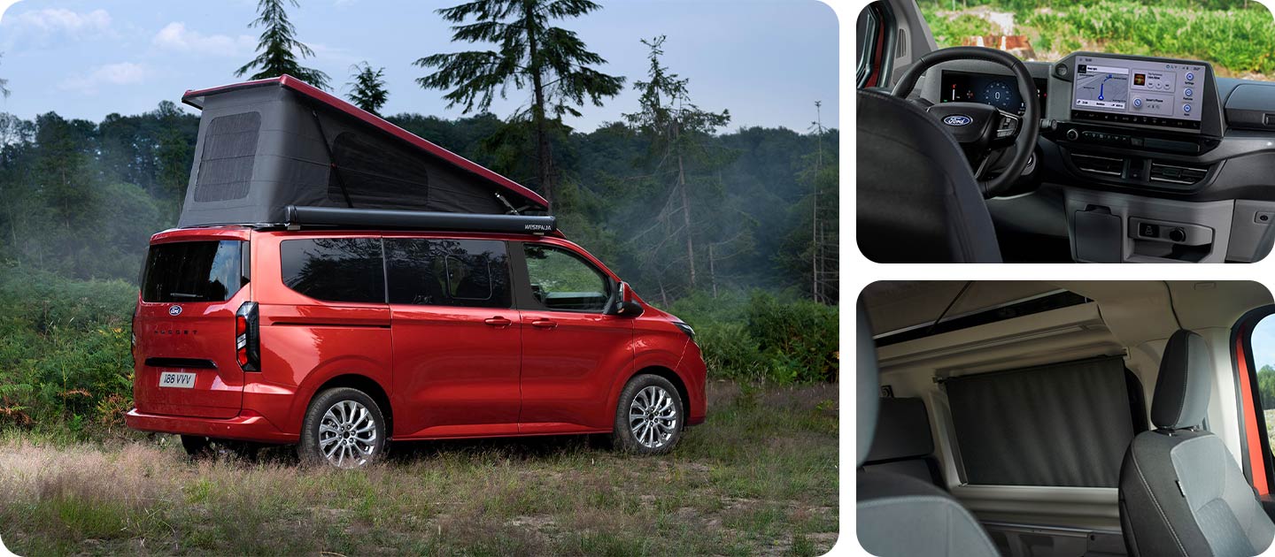 Ford Transit Custom Nugget rouge, avec le toit relevable à toile repliable déployé, garé dans un pré.