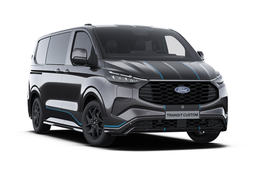 Fourgon Sport Ford Transit Custom double cabine gris anthracite avec des touches de bleu.