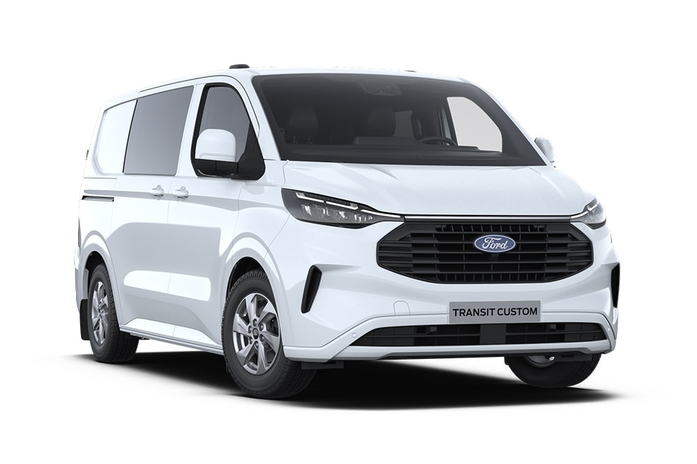 Fourgon Ford Transit Custom double cabine blanc.