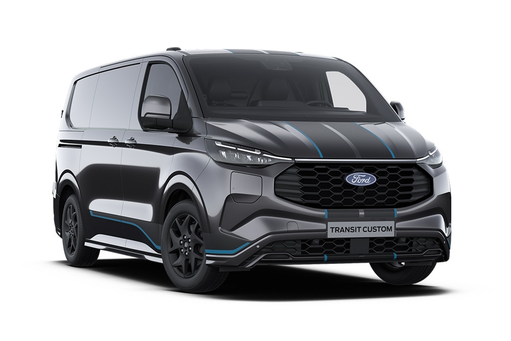 Fourgon Sport Ford Transit Custom anthracite avec des touches de bleu.