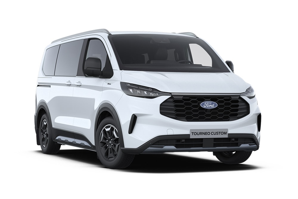 Angle avant gauche d'un Ford Tourneo Custom Active blanc.