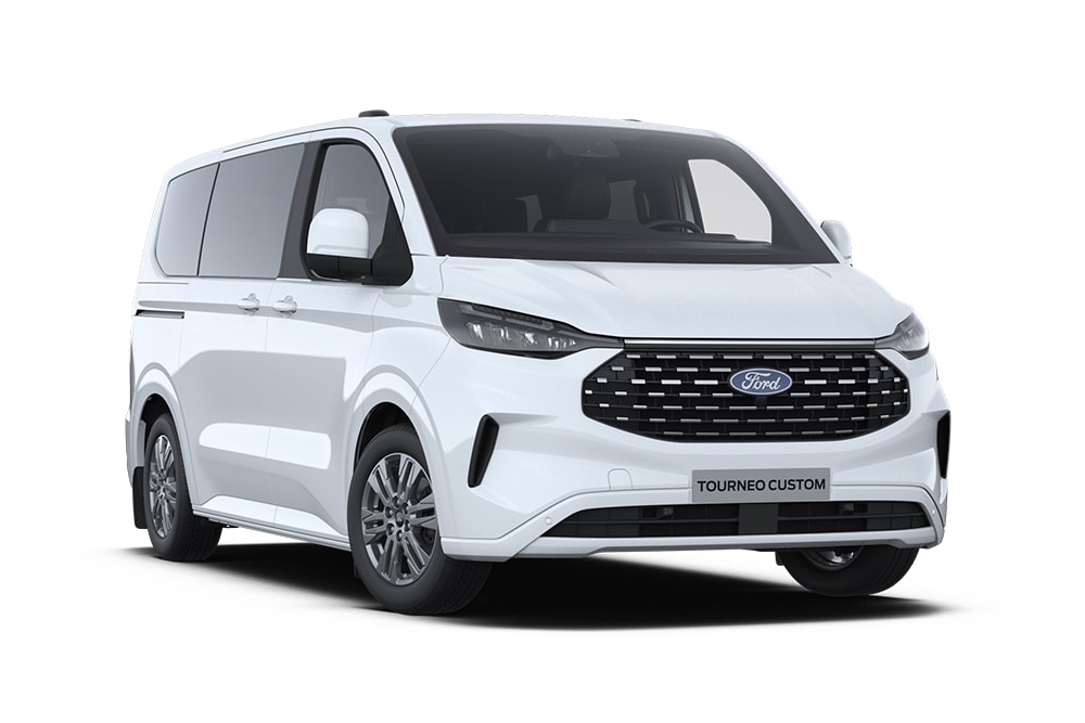 Angle avant gauche d'un Ford Tourneo Custom Titanium blanc.