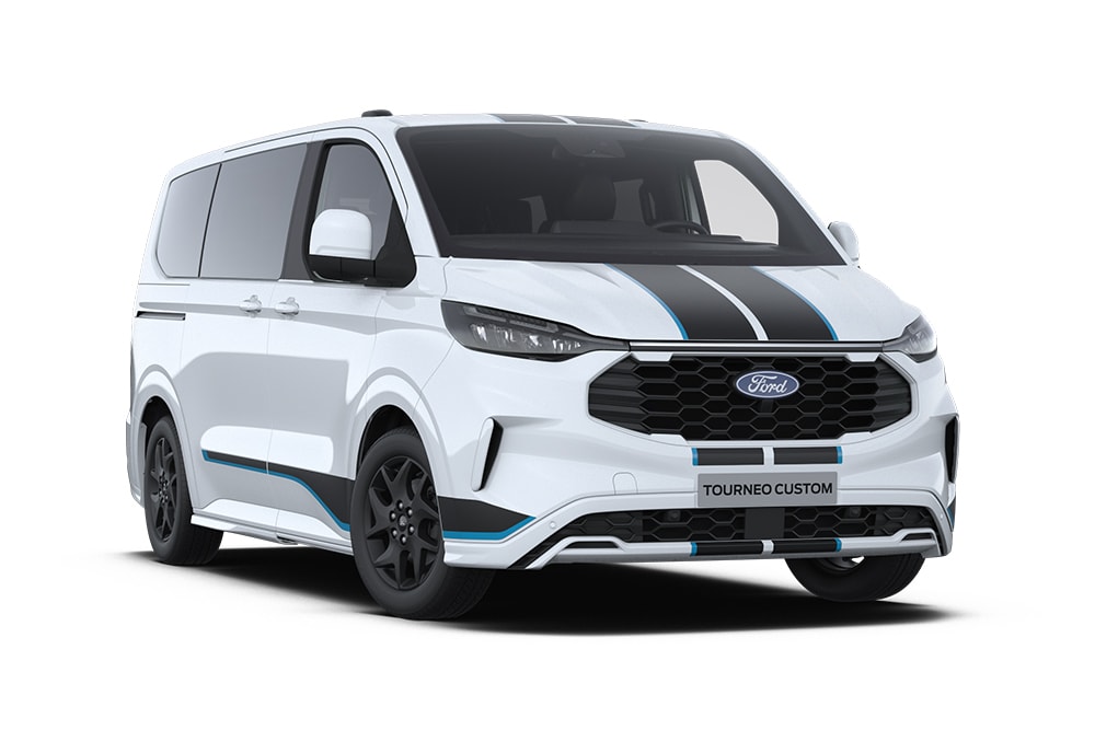 Angle avant gauche d'un Ford Tourneo Custom Sport blanc.