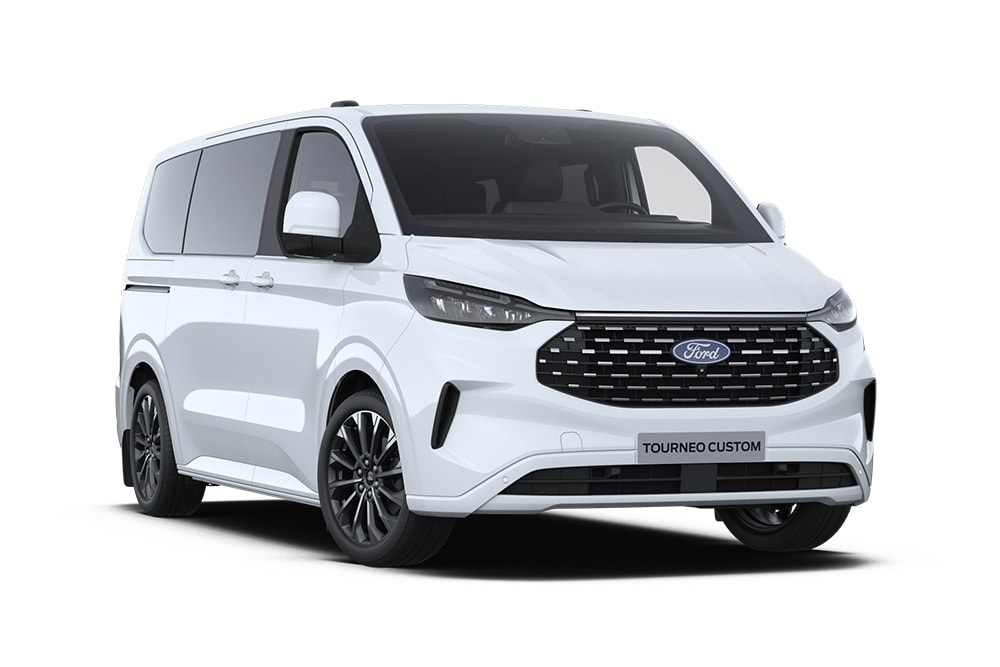Angle avant gauche d'un Ford Tourneo Custom Titanium X blanc.