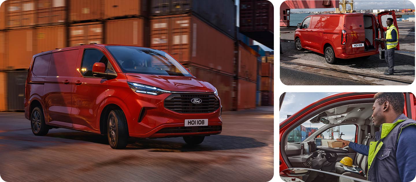 Un fourgon Ford Transit Custom rouge roule sur les quais d'un port.